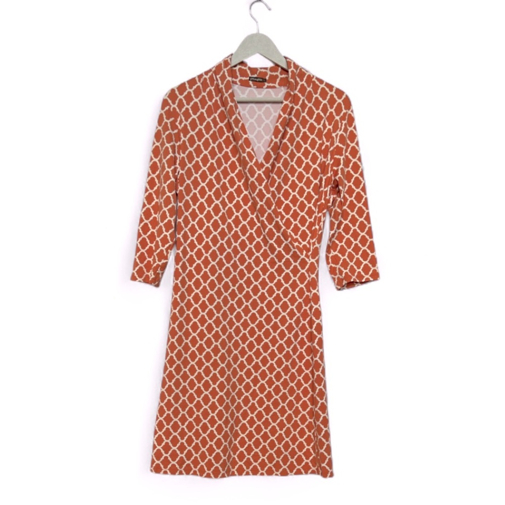 J. McLaughlin Catalina Cloth Faux Wrap Geometric midi Dress Orange Cream L